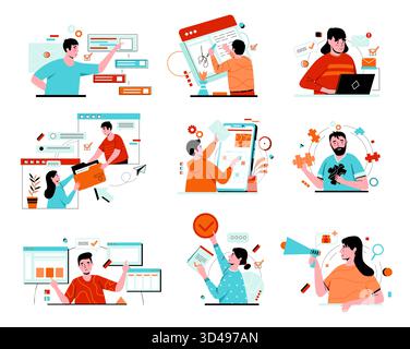 Personen, die Verträge unterzeichnen. Geschäftsprojekt. Geschäftsmann mit Computer. Büromitarbeiter. Brainstorming am Arbeitsplatz. Geschäftsmanagement. Online-Chat für Mitarbeiter. Terminplanung. Browserfenster. Vektorkonzepte festgelegt Stock Vektor