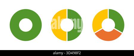 Bunte Donut-Diagramme, Torten, die auf 1 bis 3 gleiche Teile segmentiert sind. Infografik mit mehrfarbigen Diagrammen. Kreisschnittdiagramm. Die Räder sind in geteilt Stock Vektor
