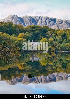 Ein ruhiger Herbsttag bietet spektakuläre Reflexionen in Wastwater of Wasdale Hall, umgeben von üppigen Wäldern und mit Buckbarrow, der sich hinter sich erhebt. Stockfoto
