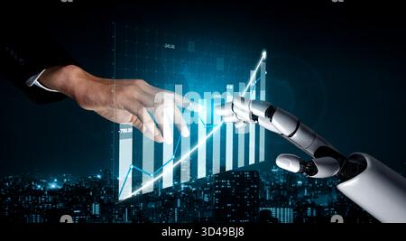Eine symbolische Darstellung der Zusammenarbeit zwischen Menschen und Robotern, in der Hände gezeigt werden, die auf eine digitale Wachstumskarte gegen eine pulsierende Stadt greifen Stockfoto