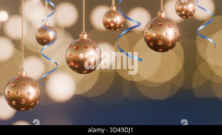 Weihnachtsdekoration mit Pickleball-Ball und blauen Bändern vor verschwommenem Hintergrund. 3D-Rendering Stockfoto