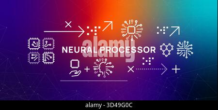 Neural Processor Symbole zeigen Mikrochips und einen hirnähnlichen Schaltkreis, der Hardware für künstliche Intelligenz und maschinelles Lernen darstellt Stock Vektor