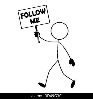 Stabfigur mit Follow-Me-Schild, einfache Charakterabbildung, minimales Follower-Message-Design Stock Vektor
