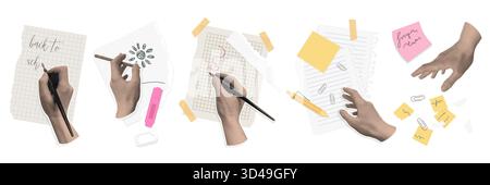 Realistische Hände schreiben und zeichnen auf Papier mit Stiftreinstift und Textmarker, plus Haftnotizen und Büroklammern für Schule und Büro, isoliert auf weißem Hintergrund Vektorillustration Stock Vektor