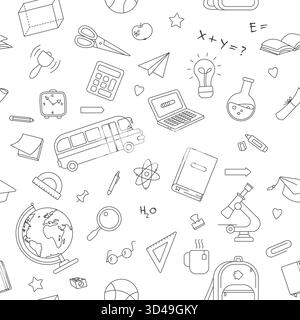 Nahtloses Muster von Back-to-School-Kritzeleien, einschließlich Bücher, Bus, Mikroskop, Laptop und Schreibwaren, ideal für Bildungsthemen, isoliert auf weißem Hintergrund Vektorillustration Stock Vektor