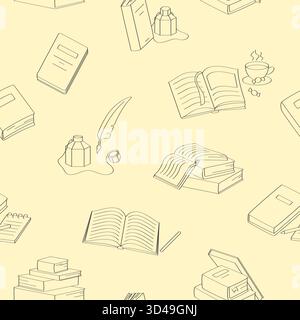 Handgezeichnetes nahtloses Muster mit Büchern, offenen Seiten, Tinte, Feder und Teetasse in einfachem Linienart-Stil für Lesen und Literaturthemen Vektor-Illustration Stock Vektor