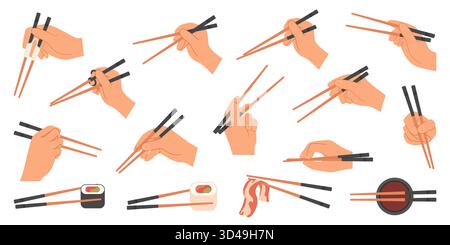 Mehrere Handpositionen mit Stäbchen zum Essen von Sushi, Meeresfrüchten und asiatischer Küche, die verschiedene Griffe und Gesten zeigen, isoliert auf weißem Hintergrund Vektorillustration Stock Vektor