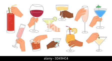 Verschiedene Hände halten verschiedene alkoholische Getränke, einschließlich Cocktails, Wein und Champagner, feiern zusammen in einer festlichen Partyszene isoliert auf weißem Hintergrund Vektor Illustration Stock Vektor