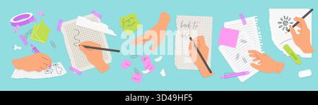 Kreative Hände, die mit Stiften, Haftnotizen und Büromaterial auf zerrissenen Notizbüchern schreiben, ideal für Schule, Unternehmen, oder Papierkram-Konzepte, isoliert auf weißem Hintergrund Vektor-Illustration Stock Vektor