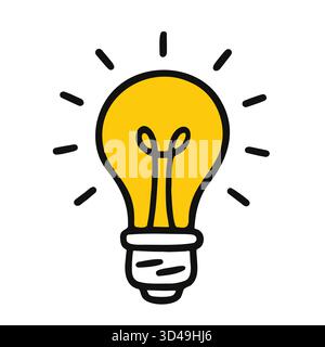 Gelbe Glühlampe mit strahlenden Strahlen in einem einfachen handgezeichneten Zeichentrickstil, repräsentiert Kreativität, Innovation und Inspiration, isoliert auf weißem Hintergrund Vektorillustration Stock Vektor