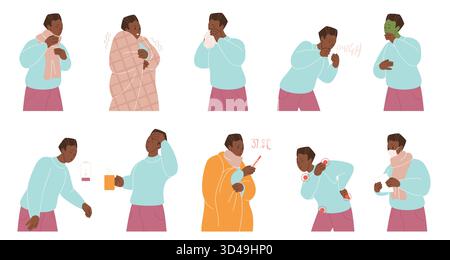 Kranker afrikanischer schwarzer Mann mit Erkältung und Grippesymptomen wie Husten, Niesen, Fieber, Kopfschmerzen, Halsschmerzen, Müdigkeit und Schüttelfrost, isoliert auf weißem Hintergrund Vektor-Illustration Stock Vektor