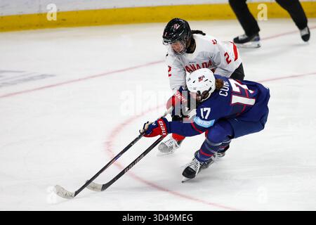 Buffalo, New York, USA. November 2025. Die US-Stürmerin Britta Curl-Salemme (17) und der kanadische Verteidiger Lee Stecklein (2) kämpfen in der dritten Periode. Das Team USA Women's National Team war Gastgeber des kanadischen Women's National Teams in einem Spiel der Canada USA Rivalry Series im Key Bank Center in Buffalo, New York. (Jonathan Tenca/CSM) (Bild: © Jonathan Tenca/Cal Sport Media). Quelle: csm/Alamy Live News Stockfoto
