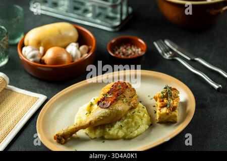 Köstliche gebratene Hähnchenkeule, serviert mit flauschigem Kartoffelpüree und einer Beilage Stockfoto
