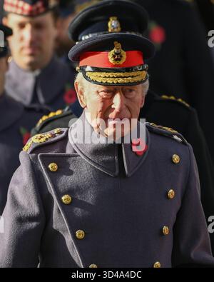 London, Großbritannien. November 2025, London UK.. Jedes Jahr werden Mitglieder der britischen Königsfamilie zusammen mit Politikern, Veteranen und Mitgliedern der Öffentlichkeit im Cenotaph in London gedenken, die im Kampf ums Leben gekommen sind. Im Bild: König Charles führt Mitglieder der königlichen Familie nach Whitehall. Quelle: MartinJPalmer/Alamy Live News Stockfoto