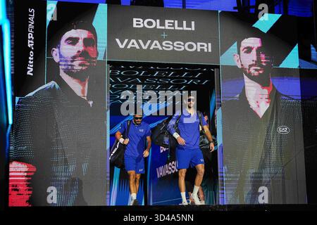 Torino, Italien. November 2025. Die Italiener Simone Bolelli und Andrea Vavassori vor ihrem Doppel-Tennis-Spiel im ATP World Tour Finals im Inalpi Arenain Turin, Italien - Sonntag, 9. November 2025. Sport - . (Foto: Marco Alpozzi/Lapresse) Credit: LaPresse/Alamy Live News Stockfoto