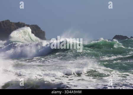 Riesige dramatische Welle, die sich in stürmischen Meeren bildet und auf die Klippen von Kynance Cove auf der Lizard Peninsula in Cornwall stürzt. Stockfoto