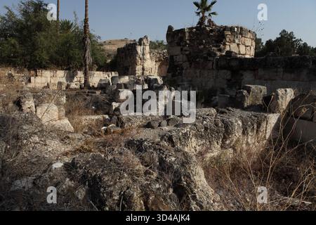 Östlicher Teil von Khirbet Minya, erbaut vom Kalifen Al Walid der Umayyaden aus dem 8. Jahrhundert am Ufer des Sees von Galiläa als Winterrückzugsort und Verwaltungszentrum. Stockfoto