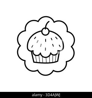 Minimales Cupcake-Logo, handgezeichnetes Bäckerei-Emblem mit Kirsche, süßes schwarz-weißes Dessertsymbol Stock Vektor