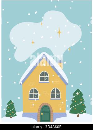 Niedliche Winterhausillustration mit Schnee und weihnachtsbäumen, gemütliche Feiertagsszene in handgezeichneter Art Stock Vektor