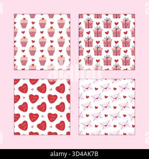 Niedliches Set mit nahtlosen Mustern zum Valentinstag mit Cupcakes, Geschenken, Herzen und Liebesbriefen Stock Vektor