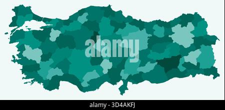 Karte der Türkei mit Regionen. Eine einfache Ländergrenzkarte mit regionaler Aufteilung. Farbpalette Petrol. Einfache Putenform mit administrativer Aufteilung. Stock Vektor