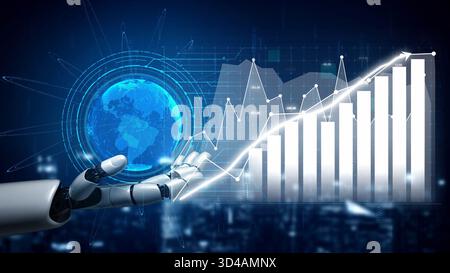 Eine futuristische Roboterhand hält einen digitalen Globus und zeigt steigende Diagrammanzeigen. Dieses Bild zeigt das Wesen des technologischen Wachstums und Stockfoto