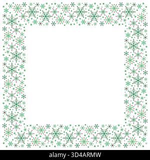 Rechteckiger Weihnachtsrahmen aus hellgrünen Schneeflocken. Weißgrünes Muster von Schneeflocken. Winter saisonaler Schneefall Hintergrund. Klassisches Weihnachtsdekor Stock Vektor
