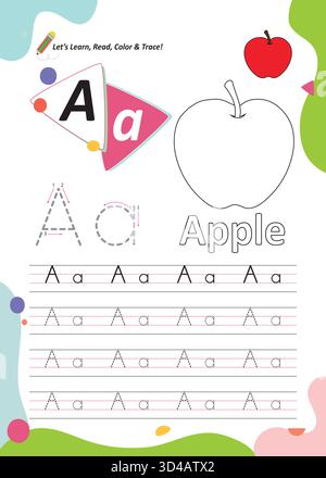 Alphabet Buchstabe A Übungsblatt zum Lernen, Ausmalen und Schreiben für Kinder Stock Vektor