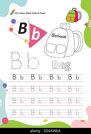 Arbeitsblatt zum Tracing von Buchstabe B für Kinder – Übungsseite zum Lernen, Lesen, Ausmalen und Schreiben von Alphabeten Stock Vektor