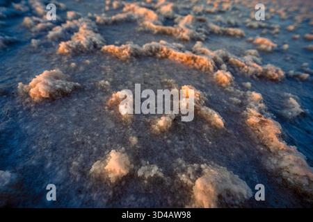 Salzformationen auf der Oberfläche eines Salzsees in der Abenddämmerung, beleuchtet von goldenen Reflexen der untergehenden Sonne. Stockfoto