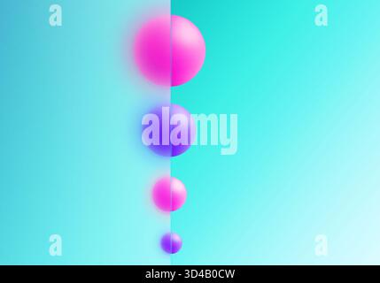 Kontrastierender Hintergrund: Rosafarbene und violette Kugeln, die durch eine vertikale Linie auf einem türkisfarbenen Verlauf geteilt werden. Stockfoto