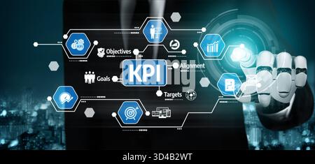 Ein Geschäftsmann interagiert mit einer modernen grafischen Benutzeroberfläche, die KPIs, Ziele und Ziele anzeigt und fortschrittliche Technologien im Unternehmen präsentiert Stockfoto
