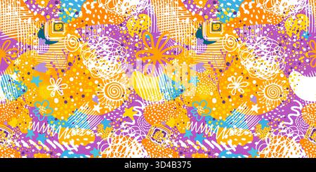 Nahtloser Hintergrund abstrakte bunt helle Kinder Für Verpackung, Textilien, Dekor, Kinderdekoration. Handgezeichnet. Nicht AI, Vektor Stock Vektor