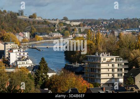 Panoramablick auf Namur vom antiken Weiler La Plante | Vue Panorama sur Namur, la citadelle et la Meuse et Jambes depuis l'ancien hameau de Stockfoto