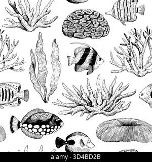 Einfarbiges, elegantes nahtloses Muster mit Korallen, tropischen Fischen und Algen. Handgezeichnete Illustration im klassischen Gravurstil. Stock Vektor