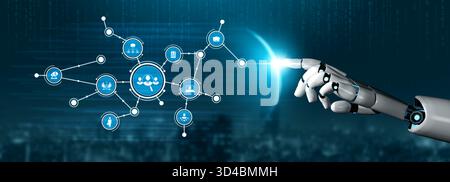 Eine Roboterhand nimmt Kontakt mit einem digitalen Netzwerk auf und symbolisiert die Mischung aus künstlicher Intelligenz und Technologie in einer modernen städtischen Umgebung Stockfoto