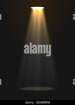 Goldener Spotlight auf dunklem Hintergrund. Realistischer Lichtstrahl, der von der Decke auf einer dunklen, leeren Bühne leuchtet. Dramatischer theatralischer Lichteffekt. Bearbeitbar Stock Vektor