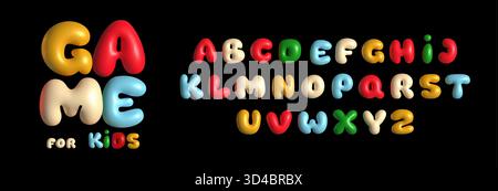 Verspielte Plastilin-Schrift. Kaugummi-Buchstaben, fröhliche Bubble-Typografie für Kinder-Logos. Flippige Zeichentrickschrift für Geburtstagseinladungen. 3D Stock Vektor