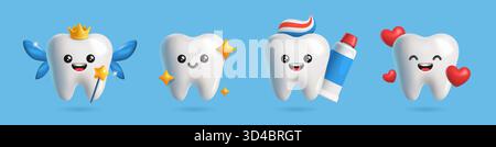 Set von glücklichen 3D-Zähnen. Süße Zahnfiguren mit Zahnpasta, Herzen und Sternen. Zahnmaskottchen für Logos. Zahnheilkunde und Mundgesundheit. Realistischer Vektor Stock Vektor