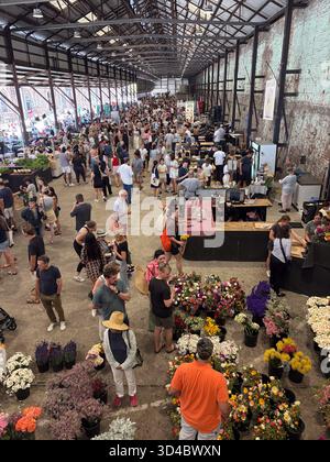 Carriageworks Farmers Market, Sydney, Australien, ist voll von Einkaufslustigen, die an Verkaufsständen frische Blumen, lokale Produkte und handwerkliche Waren anbieten Stockfoto