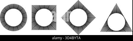 Gerade radiale Linien in kreisförmigen, quadratischen und dreieckigen Formen. Symbole bei Sonnenschein. Sonnenschilder. Symbole für Strahlkraft, Explosion oder Feuerwerk auf weißem Hintergrund. Vektorgrafik. Stock Vektor