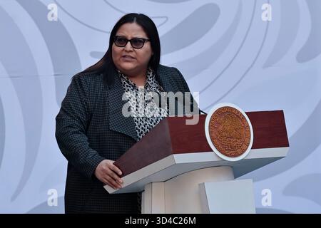Mexiko, Cdmx, Mexiko. November 2025. Der Staat Michoacan erlebt derzeit eine schwere Krise der Unsicherheit, des organisierten Verbrechens und des Drogenhandels, eine Situation, die durch die Ermordung des Anführers der Zitronenproduzenten BERNARDO BRAVO und die jüngste Ermordung des Gouverneurs von Uruapan CARLOS MANZO während der Feierlichkeiten zum Tag der Toten auf dem Hauptplatz der Stadt deutlich wurde. Als Reaktion auf diese Ereignisse stellte die mexikanische Präsidentin CLAUDIA SHEIMBAUM im Nationalpalast den "Michoacan-Plan für Frieden und Gerechtigkeit" vor, um den Gouverneur von Michoacan ALFREDO RAMIREZ BEDOLLA zu unterstützen. Der Plan konzentriert sich auf Primarismus Stockfoto