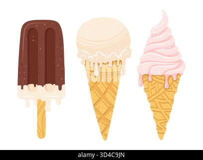 Cartoon-Set mit Eis. Eis auf Stab mit Schokoladenglasur und einer Schaufel mit schmelzender Eiscreme Textur Illustration. Sommer-Dessert, Eiskugel, Waffelkegel. Vektor Hand gezeichnete süße Zeichentrickzeichnung Stock Vektor
