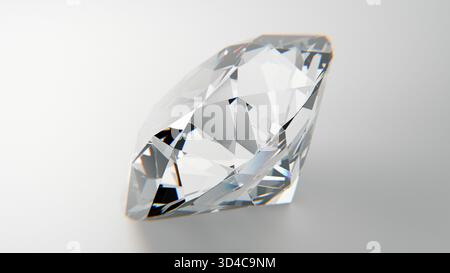Brillantschliff Diamant isoliert auf weißem Hintergrund. Makroaufnahme eines luxuriösen Edelsteins. 3D-Rendering Stockfoto