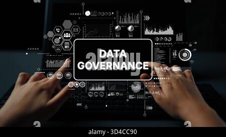 Hände interagieren mit der futuristischen Data Governance-Schnittstelle auf dem Laptop-Bildschirm mit Diagrammen und Visuals für Analysen. Asymptotische intelligente Datenanalyse. Stockfoto