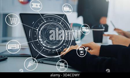 Symbole für digitale Geschenkkarten zeigen E-Commerce, Zahlung und Einlösung digitaler Geschenkkarten an. Digitale Geschenkkarte unterstützt Online-Shopping, sichere Bezahlung und Stockfoto