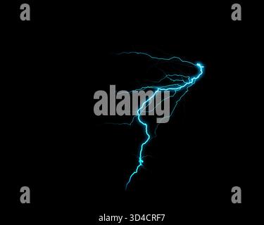 Ein markanter blauer Blitz beleuchtet die Dunkelheit und zeigt raue elektrische Energie und dynamische Energie vor einem schwarzen Hintergrund. Stockfoto