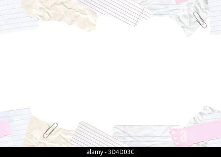 Nahtloser Rand mit gerissenen pastellfarbenen Papierresten. Zerknitterte Notizbücher im Collage-Stil. Isolierter Ephemerienrahmen für digitales Journaling, Scrapbooking Stockfoto