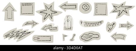 Funkiges Scrapbook und Collage-Elemente Set. Handgezeichnete Kritzeleien, zerrissene Bastelpapierausschnitte und bunte Buntstift-Skizzen im naiven Kunstvektorstil. Stock Vektor