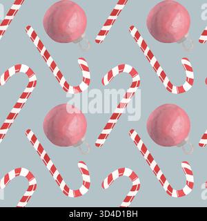 Nahtloses Weihnachtsmuster auf blauem Hintergrund mit Neujahrsball und Süßigkeiten. Perfekt für Postkarten, Geschenkpapier, Stoffdruck und Partyeinladungen Stockfoto